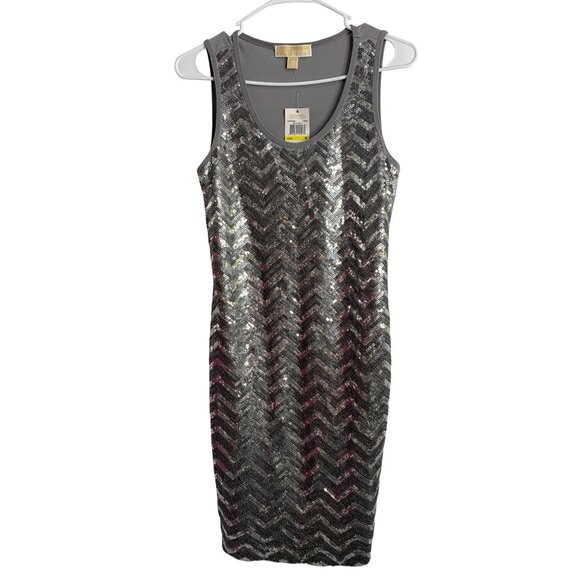 NWT Michael Kors Womens Sequin Chevron Tank Dress Gray Size M $200 Metalic 8474 - Picture 2 of 7